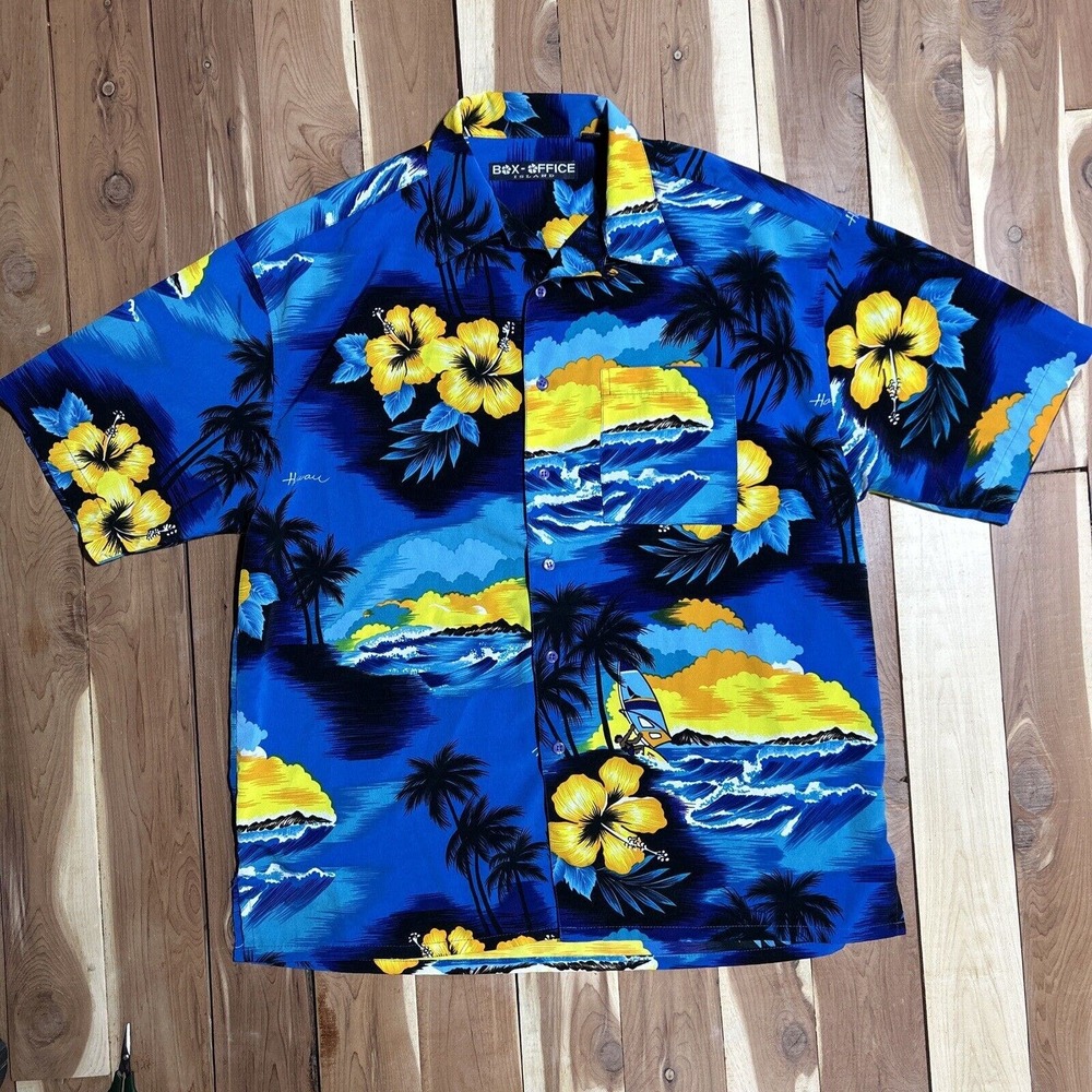Men's Box Office Island Hawaiian Shirt Large 100 Percent Polyester Button Up EUC